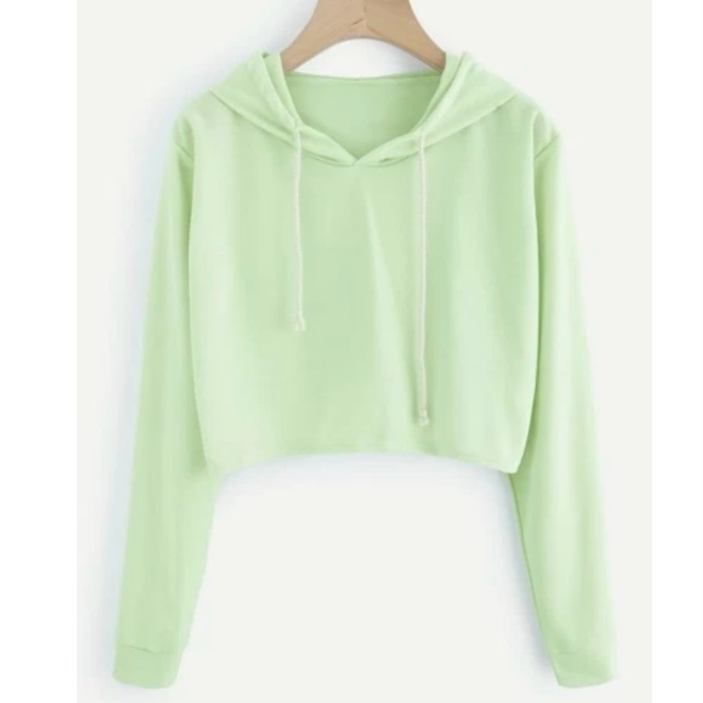 ROMWE Women’s Long-Sleeve Cropped Hooded Drawstring Crewneck Top - green, size L